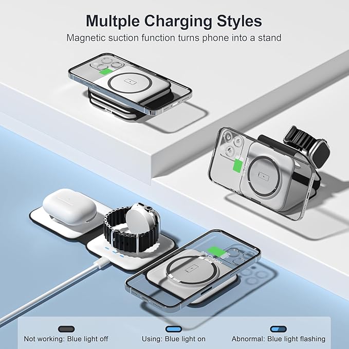 UCOMX 3 in 1 Charging Station for Multple Devices,Foldable 3 in 1 Wireless Charger for Travel,Nano Wireless Charging Station for iPhone16 15 14 13 12 Pro Max/Watch 10 9 8 7 6 5 4 3 Ultra/AirPod Pro