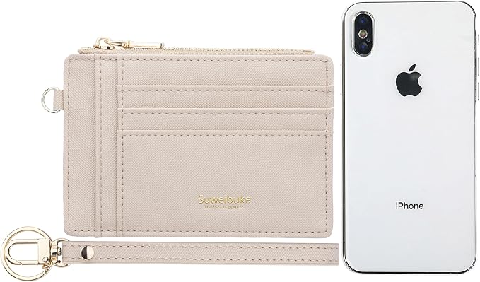 Wikavanli Women Slim Rfid Blocking Credit Card Case Holder Wristlet Zip ID Case Wallet Small Compact Leather Wallet Coin Purse with Keychain (Off-White)
