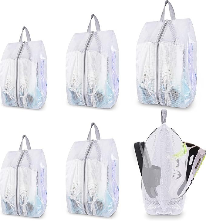 SelfTek Shoe Bags for Travel, 6 Pack 3 Size Double-Sided Zipper Shoe Bag for Men & Women, Waterproof Portable Shoe Storage Pouch with Handle, Family Travel Accessories