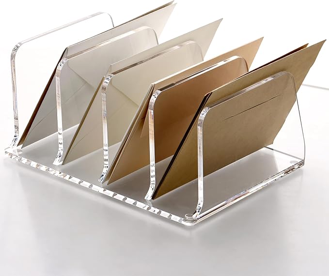 SANRUI Acrylic Mail Sorter Desktop Organizer, 4 Compartments Clear Small File Script Letter Document Storage for Desk Bill Filling Envelope Holder Office, Home, School Organization
