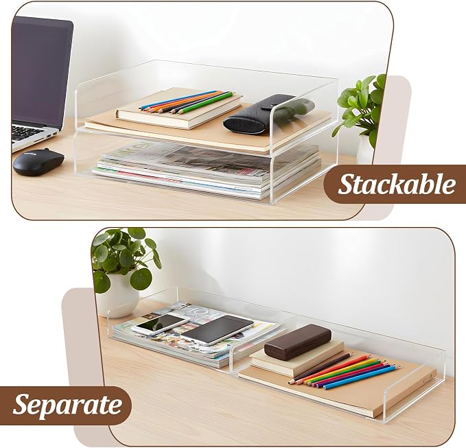 2 Pack Clear Acrylic Stackable Paper Letter Tray Organizer Desktop File Organizer for Office Workspace Document Storage, 12.4x8.7x2.75 Inch