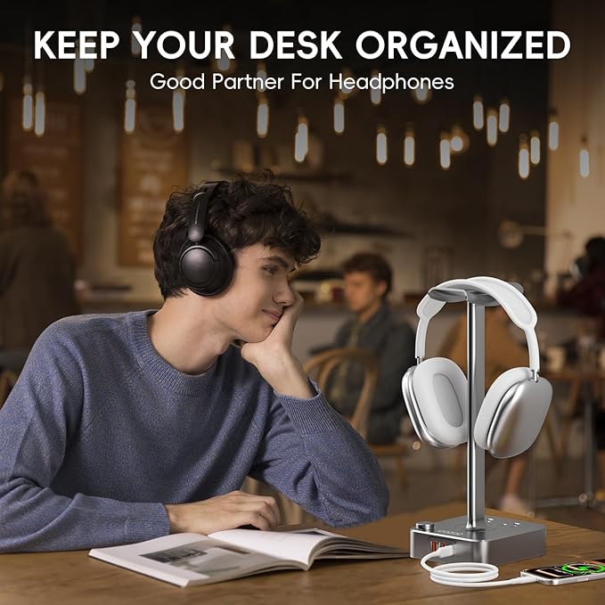 Headphone Stand with PD Fast Charger & QC3.0,Gaming Headset Holder with 3 USB Ports 2 AC Outlets for Desk,Cool Gamer Gifts for Men,Boyfriend,Teen Boys,Friends – Perfect Gaming Accessories & Room Setup