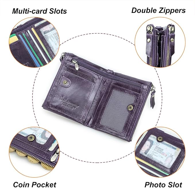 CONTACTS Soft Leather Wallet for Women Small Bifold Coin Purse Double Zipper Card Holder with RFID Blocking (Eggplant Purple)