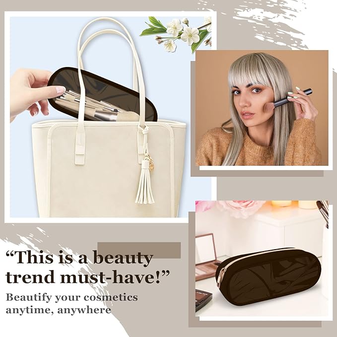 Nylon Small Clear Makeup Bag Slim Pencil Pouch, Cute Pencil Case Black Makeup Bag Preppy Cosmetic Zipper Pouch for Purse, Waterproof Travel Toiletry Bag Coin Pouch Make Up Organizer for Women(Brown)