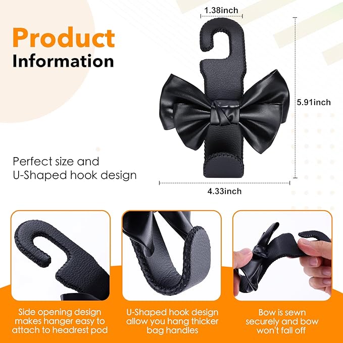 Car Purse Hook, Cute Bow Hooks for Headrest - Leather U-Shaped Purse Holder for Car, Flexible Seat Back Organizer & Durable Vehicle Accessories for Bags, Coats & More (Black-2 Pack)