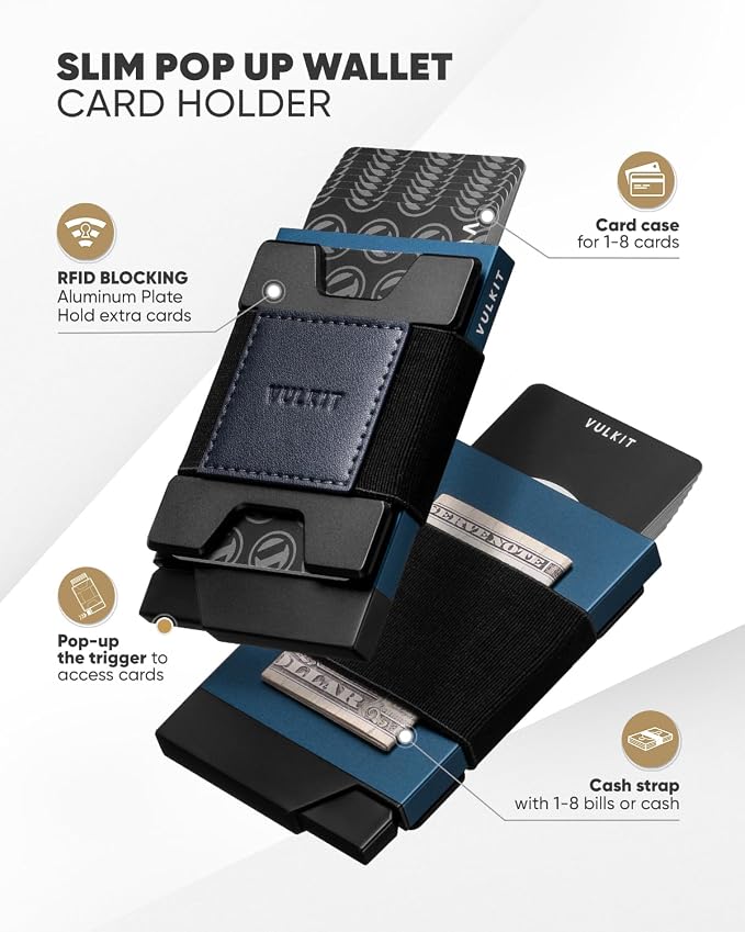 VULKIT Minimalist Pop Up Wallet RFID Blocking Aluminum Credit Card Holder with Expandable Backplate, Holds 12 Cards and Cash for Men and Women Navy