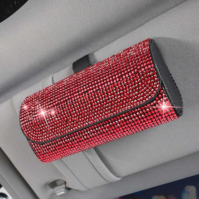 Riloer Glasses Holder for Car Sun Visor, Universal Full Rhinestone Sunglasses Clip Storage Case, Front Sun Visor Mount Organizer Case for Glassess, Bling White