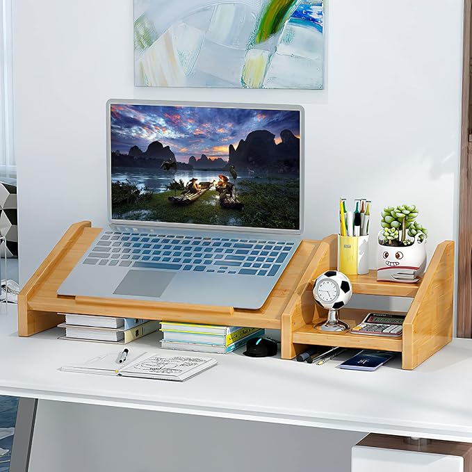 Ufine Bamboo Laptop Stand for Desk 3 Heights Adjustable Notebook Stand Computer Monitor Riser with 2 Tier Storage Shelf, Desktop Organizer Printer Stand for Home Office