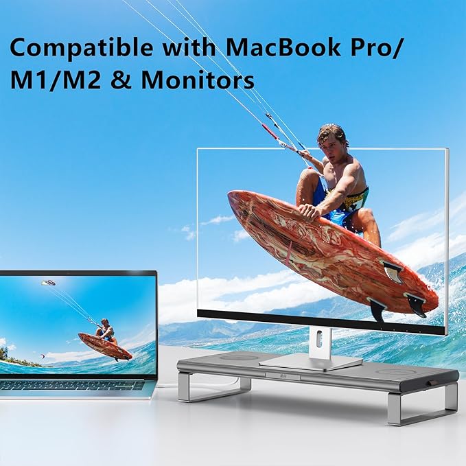 Monitor Stand with Docking Station, Aluminum Monitor Riser with 6-in-1 Docking Station: 4K HDMI, USB-C, USB 3.0, PD 100W, Wireless Charging,Metal Desk Stand with Storage-Silver Gray