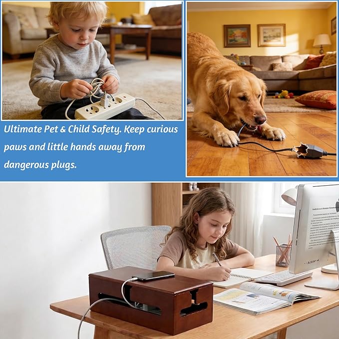 SwallowLiving Large Wooden Cable Management Box with Lid - Solid Pine Cord Organizer for Desk & TV - Rustic Farmhouse Wire Hider for Power Strip, Tall Concealer for Bulky Adapters, Pet Safe, Brown
