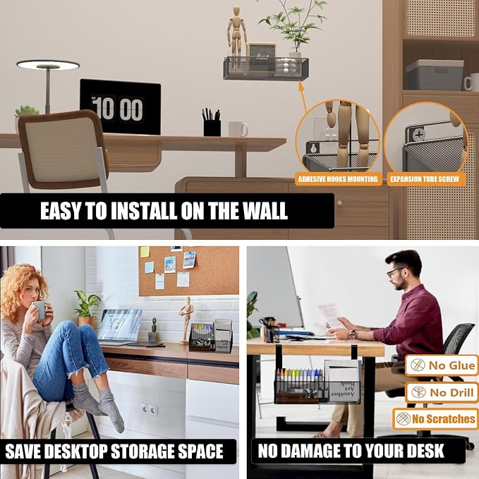 orbixa Under Desk Storage Organizer Clamp-On,Mesh Metal 3-IN-1 Desk side storage - Use on desk,under table or as a hanging wall organizer for office supplies & home& school essentials (black color)