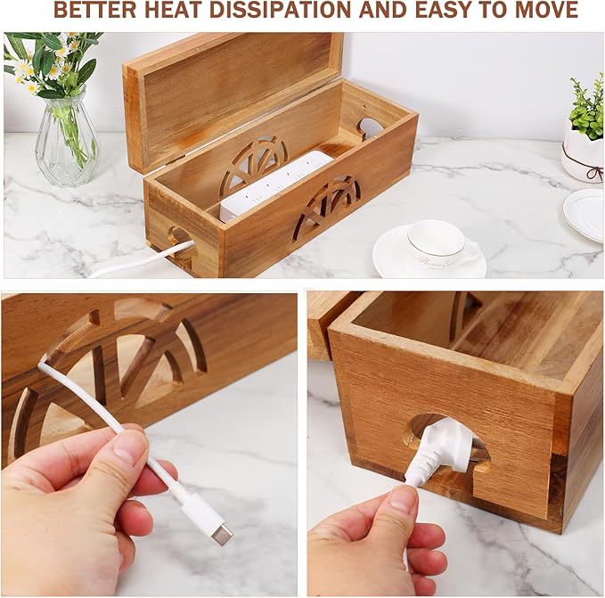Wood Cable Management Box - 15.8" (L) x 6" (W) 5.5" (H) Acacia Wood Cable Hider Box, Cord Hider with Magnet Design & Outlet Hole, Power Strip Surge Protect & Organizer for Home Office Kitchen TV Wires