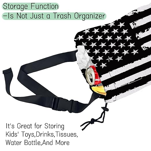 Retro American Flag Car Trash Bag,Hanging Drawstring Car Garbage Bag,Waterproof Canvas Car Back Seat Organizer with Adjustable Buckle,for Vehicles,SUVs,Camping,Road Trips