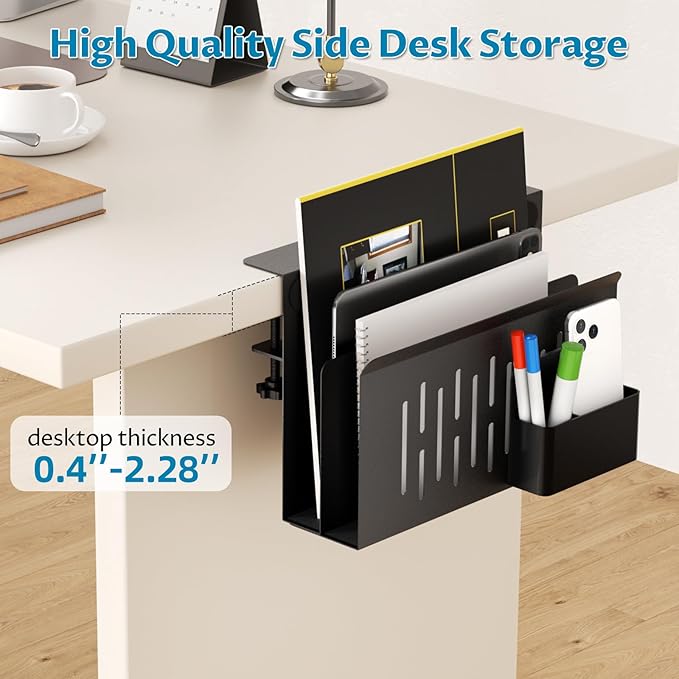 Onemake Desk Side Storage, 2-Tier No Drill Laptop Holder, Clamp on Desks Shelf with Magnetic Pen Holder, Hanging Desk Organizer for Home Office, Fits Flat Edge Tables 0.4" to 2.3"