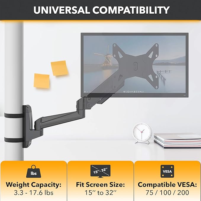 CondoMounts CLMMMAB2022 Full Motion Pillar Monitor Mount | WorkBench Monitor Mount | Pallet Rack | NO Drill | GAS Spring Arm with VESA Plate | Pillar Mount | Holds 18lbs | Up to 32-in. Monitor | Black