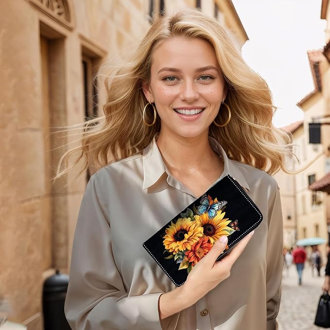 Bxgolkgd Womens Wallet, RFID Blocking Leather Wallet,Large Capacity Wallet Credit Card Holder PU Leather Ladies Clutch with Zipper Coin Pocket - Sunflower Butterfly