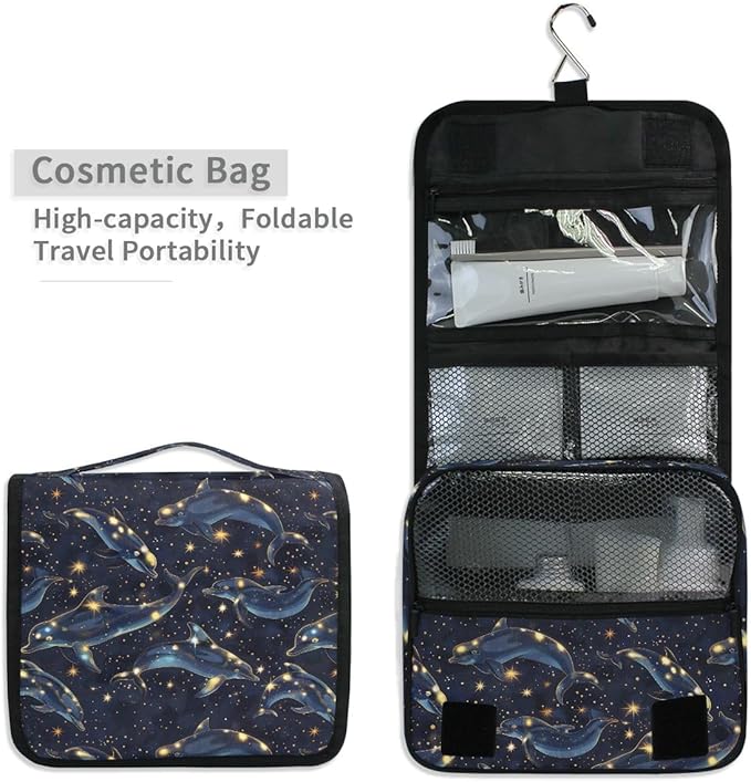 Hanging Travel Toiletry Bag Kit Boys Makeup Case Cosmetics Organizer for Men Women (Dolphin Starry Sky)