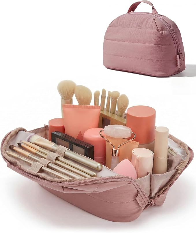 BAGSMART Travel Makeup Bag for Women, Portable Fold-down Cosmetic Case, Puffy Padded Make Up Organizer Pouch, Water-resistant Toiletry Bag for Toiletries, Brushes (Dark Pink)