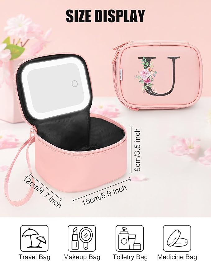 Relavel Mini Makeup Bag with Led Mirror, Initial Make Up Bag for Women, Personalized Travel Cosmetic Pouch with 3 Light Modes, Birthday Gifts for 11 12 13 14 15 16 17 18 Years Old Girl - Pink U