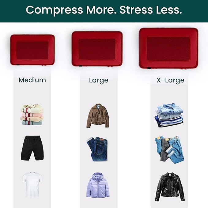NOBL Travel Compressible Packing Cubes Set, 6 Pieces Travel Packing Organizers, Compression Luggage Cubes for Suitcases & Carry On, Space Saving - Cherry Red