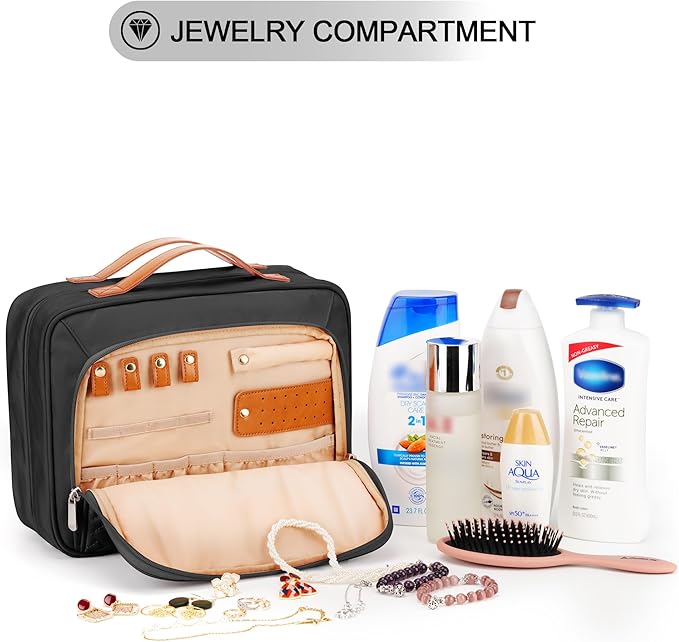 COOSKY Travel Hanging Toiletry Bag for Women, Holds Full-Size Shampoo, with Jewelry Organizer Compartment, Extra Large Makeup Bag, Waterproof Cosmetic Bag, Toiletries Kit Set with Trolley Belt, Black