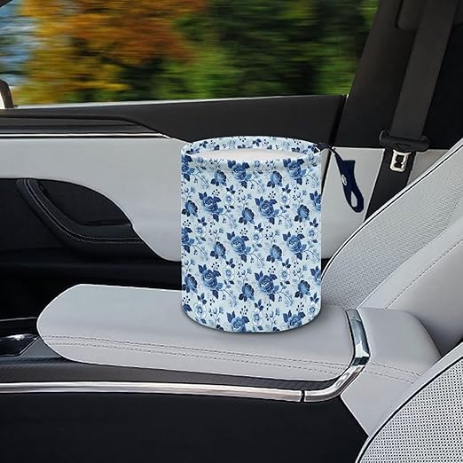 Blue Roses Car Rubbish Bin Portable Waste Basket Can Foldable Auto Waste Storasge Bag Holder with Adjustable Strap for Camping, Travelling, Picnic