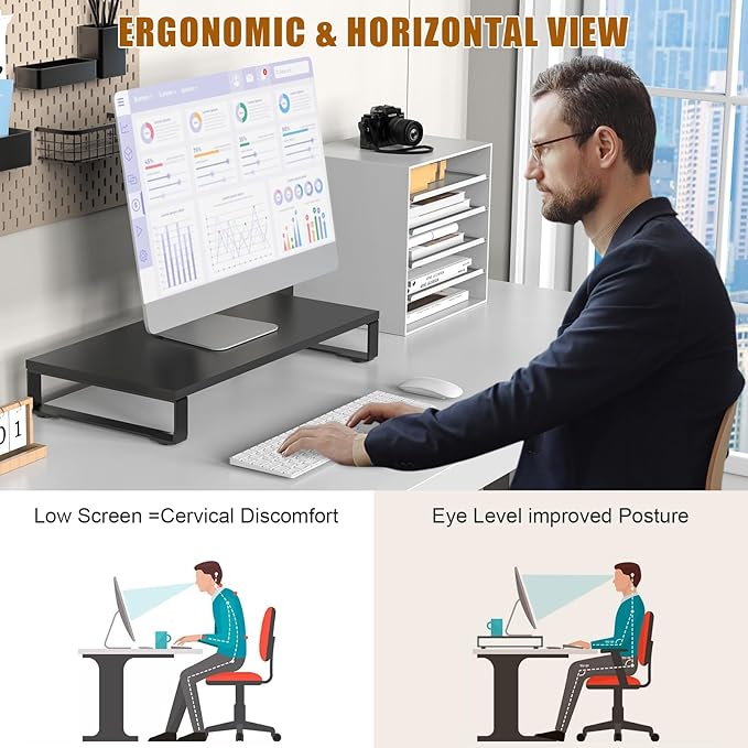 XINYAO Monitor Stand for Desk, Wood & Steel Computer Stand Riser with Storage Organizer for Office Laptop, PC, Printer 24 x 12 x 3.3 inch, Black