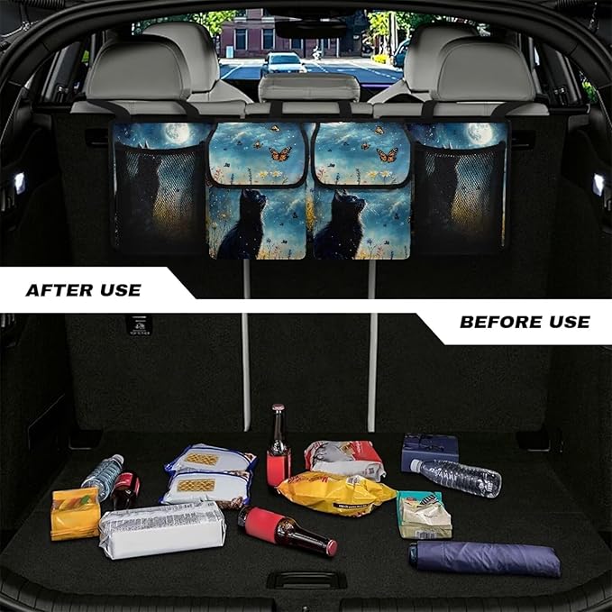 Black Cat Print Car Trunk Organizer Hanging Car Backseat Storage Bag Waterproof Collapsible Cargo Bag with 4 Pouches Universal Automotive Interior Accessories