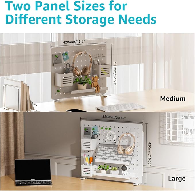 Clamp-on Desk Pegboard, Desk Organizer for Office Gaming Home, Magnetic Metal Peg Board with 15 Accessories, Privacy Panel for Office, 20.4" x 16.5", Large, White
