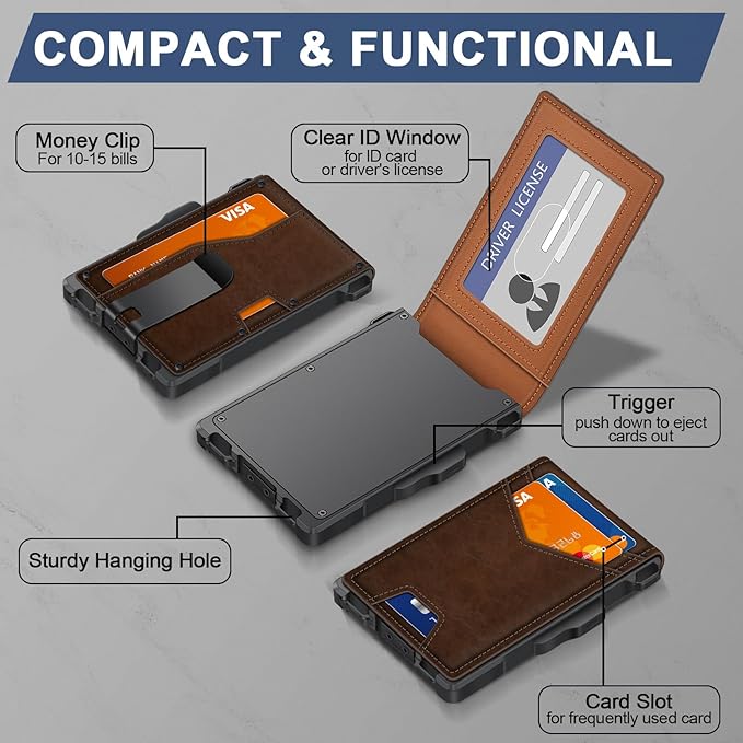 GHUKY Wallet for Men, Minimalist Slim Mens Wallet with Money Clip, RFID Blocking Smart Pop Up Card Wallet with ID Window, Compact Bifold Wallet,Metal Aluminum Credit Card Holder