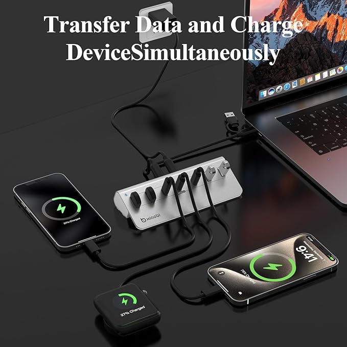 USB C Hub,Powered USB Hub with 5V 3A Power Adapter, 10Gbps USB Splitter with 4 USB-A and 3 USB-C Ports, 7-Port Type C Multiport Adapter for MacBook Air/Pro, iPhone 16/15, Laptop and More(Silver)