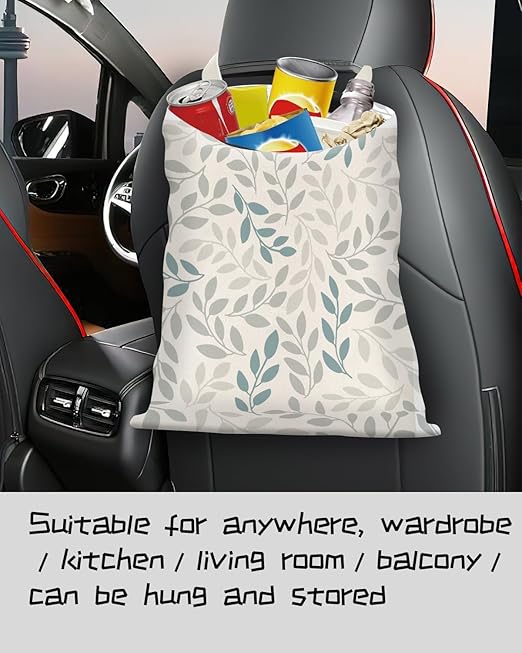 Car Trash Can, Seat Back Hanging Car Trash Bag, Cute Canvas Car Garbage Bag, Essential Car Trash Bin Car Organizers Boho White Leaf