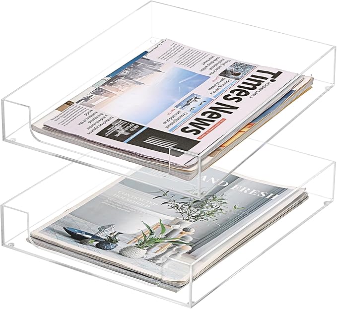 BTSKY 2 Pack Multipurpose A4 File Tray Clear Acrylic Desk Tray Organizer Elegant Letter Size Desk Documents Trays Magazine Files Storage Basket Organizer Bin for Office Cosmetics Bathroom