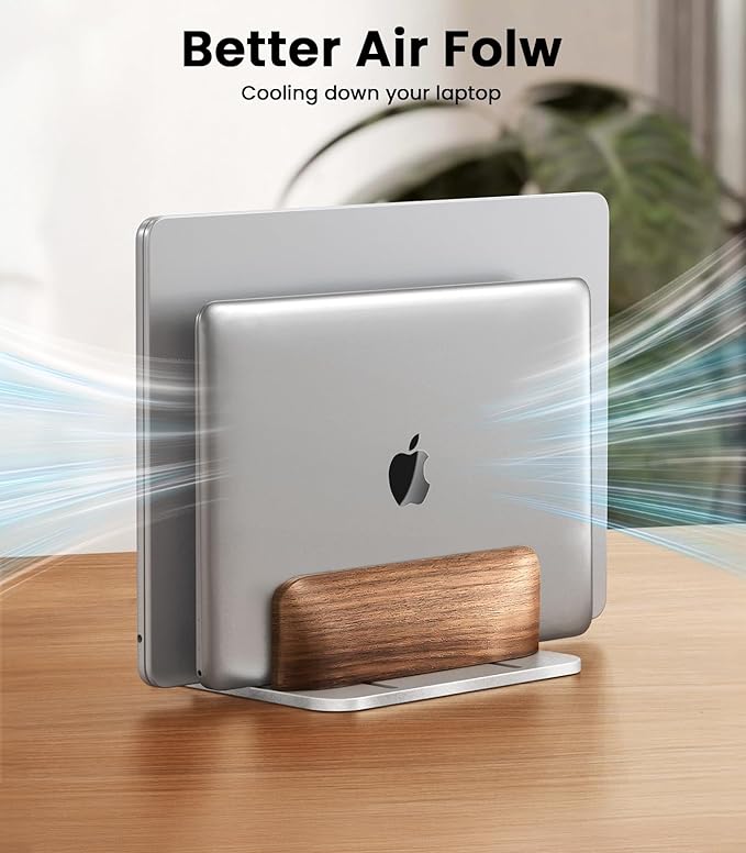 Vertical Laptop Stand, [Dual Slot Wooden + Aluminum Laptop Holder], Desktop Adjustable MacBook Stand, Adjustable Base, for MacBook Pro/Air, (up to 17.3-inch All laptops)