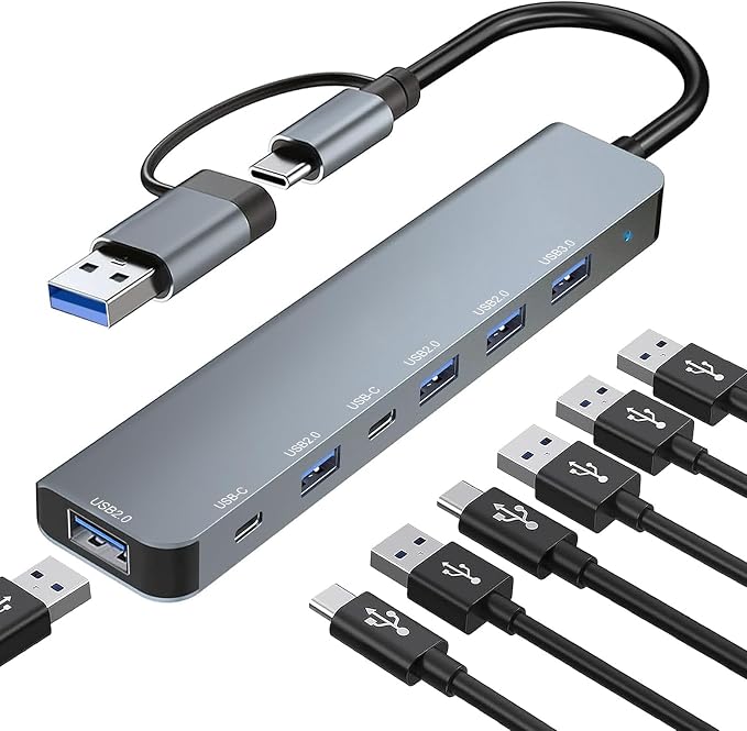 USB C Hub, USB Hub 3.0, Upgrade 7 in 2 USB Splitter with 1xUSB 3.0, 4xUSB2.0, 2xUSB C, USB C & USB Hub Multiport Adapter, USBC USB Dongle for PC/Laptop/Tablet/Mac/MacBook/iPad and More Devices