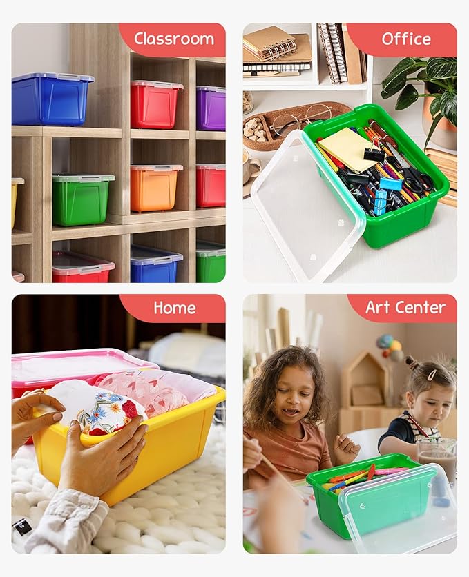 GAMENOTE 6 Quart Storage Bins with Lids,12 Pack Rainbow Plastic Latching Box for Classroom&Kids Toy Storage Opaque Stackable Shoe Box Size Containers for STEM Morning Tubs, Crafts & Building Blocks