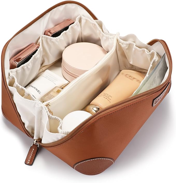 GIVLEFLY Makeup Bag for Women, Large Cosmetic Bag, Travel Toiletry Bag, Waterproof Nylon Organizer with Microfiber Leather, Flat Open for Skincare & Brushes