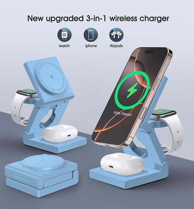 3 in 1 Wireless Charging Station for Apple Multple Devices - Foldable Magnetic Wireless Charger Dock -Travel 18W Charging Pad for iPhone 16 15 14 13 12 Pro/Pro Max/Plus/Watch & Airpods All Series Blue