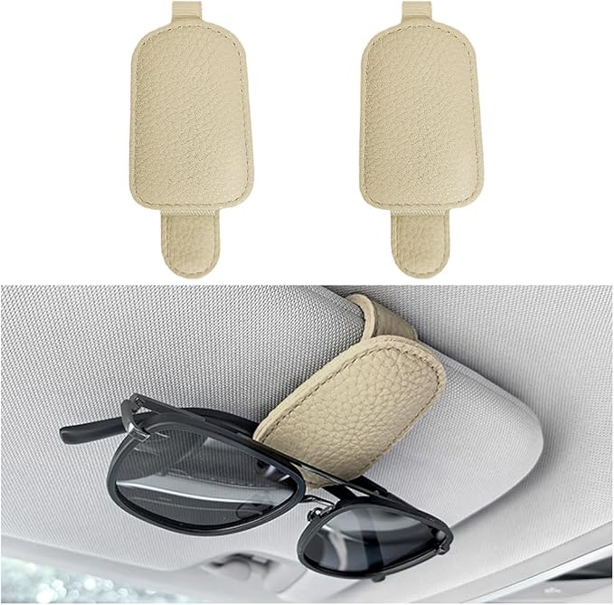 zipelo Sunglasses Holders for Car Sun Visor, 2PCS Magnetic Leather Vehicle Glasses Hanger Clip for Ticket Card, Auto Interior Eyeglass Organizer Accessories, Universal for SUV Sedan Truck (Beige)