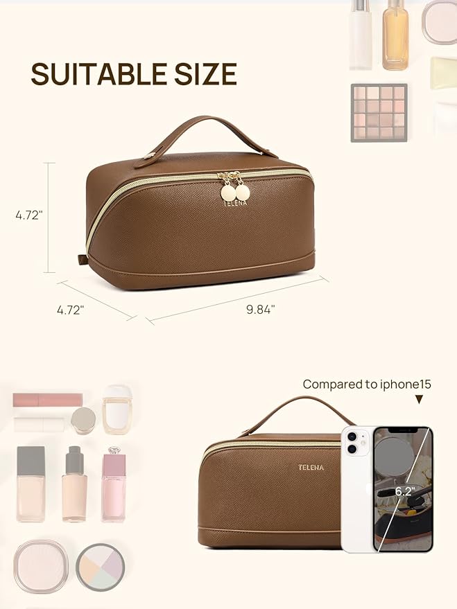 Telena Leather Make Up Bag Portable Travel Makeup Bag Waterproof Cosmetic Bags for Women Large Capacity With Handle and Divider Open Lay Flat