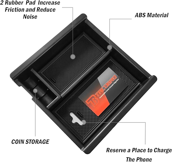 TACOBRO Center Console Organizer Compatible with Toyota Tacoma Accessories 2016 2017 2018 2019 2020 2021 2022 2023, Interior Armrest Insert Tray Underseat Storage Box, Black Trim
