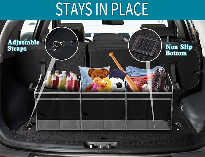 Trunk Organizer with Cooler, Collapsible Trunk Storage Container with Non Slip Bottom Strips, Large Multi-Compartment Waterproof Car Trunk Organizer Groceries for Vehicle Sedan, Suv, Truck,Van(Black)