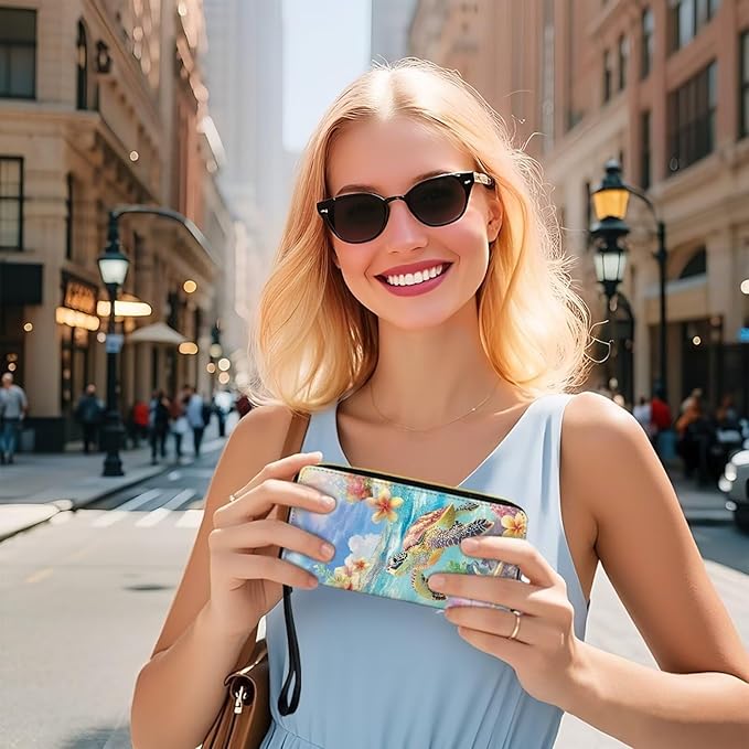 Bulopur Floral Sea Turtle Wallet for Women Tropical Hibiscus Floral Wristlet Wallet Purse Envelope Long Wallets PU Leather Travel Wallet Passport Holder for Ladies