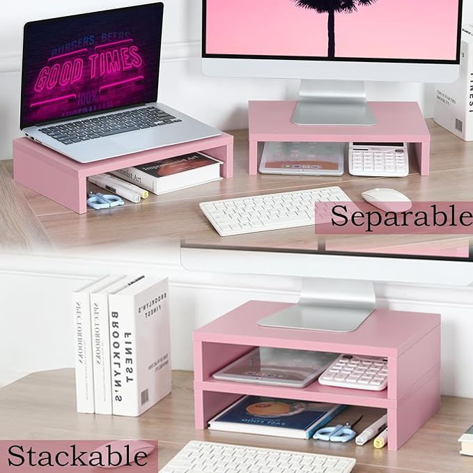 3 PCS Pink Monitor Stand Wood