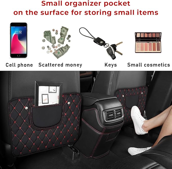 2 PCS Car Kick Mats, Leather Back Seat Protector with Storage Bag, Waterproof Automotive Backseat Cover Pad Prevent Kids Dirt Mud and Scratch, Interior Car Accessories(Black & Red)