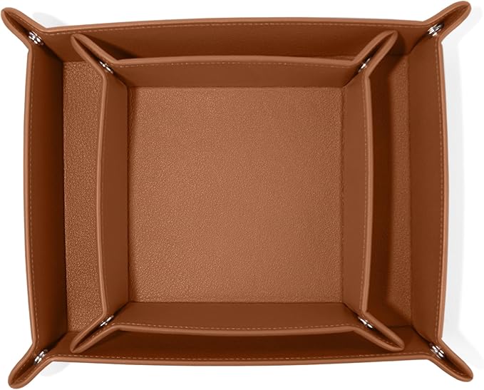 Leatherology Cognac Leather Valet Tray Set – Rectangle & Square Catchall Trays with Snap Construction, Travel-Friendly Design & Stitched Edges – Desk or Dresser Organizer
