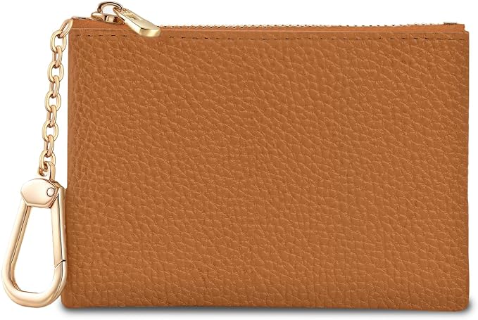 Brown Keychain Coin Purse for Women, Small PU Leather Change Pouch, Zipper Little Tiny Travel Wallet for Girls, Cute Kawaii Zip Pocket Coin Holder with Key Ring