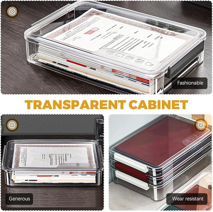 Transparent Document Paper Organizer Box Stackable File Storage Holder with Snap-tight Buckle Pet Plastic Desktop File Cabinet for Office Home School Use