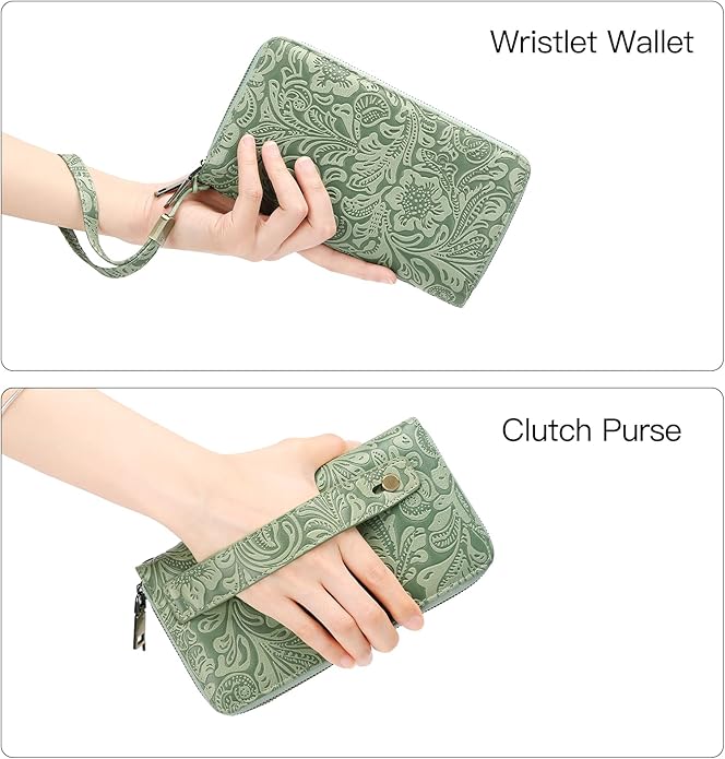 GOIACII Women's Wallet Wristlet Ladies Phone Purse RFID Blocking Large Card Holder Double Zip Grip Strap Vegan Leather