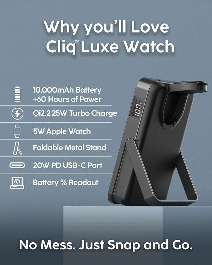 myCharge CliqLuxe Magnetic Wireless Power Bank 10,000mAh | iPhone & MagSafe Compatible | Qi2.2 25W Mag Safe Portable Charger | Built-in Stand | 2.5W Apple Watch Charger | Premium Black Fabric